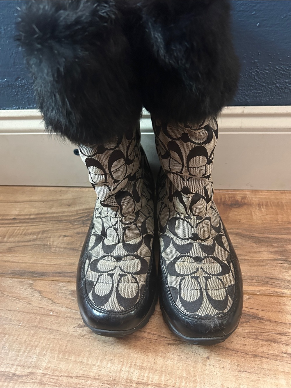 Coach Joyous Beige and Brown Signature Logo Fur-Trim Winter Boots
